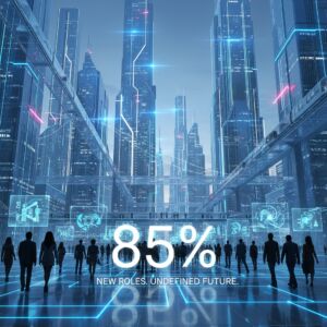 Futuristic cityscape illustrating emerging roles and the future of work